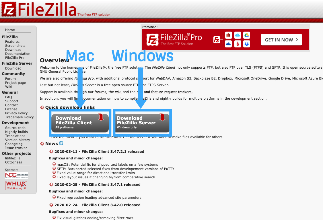 FileZilla のダウンロード画面